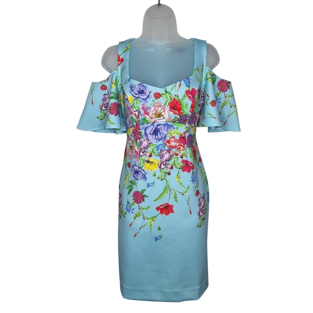Boston Proper Garden Row Scuba Dress 8 Robin Egg Blue Cold Shoulder Sheath Party